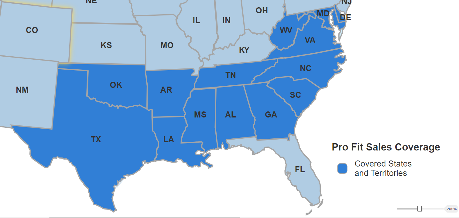 Pro Fit Sales - Coverage Territory Map